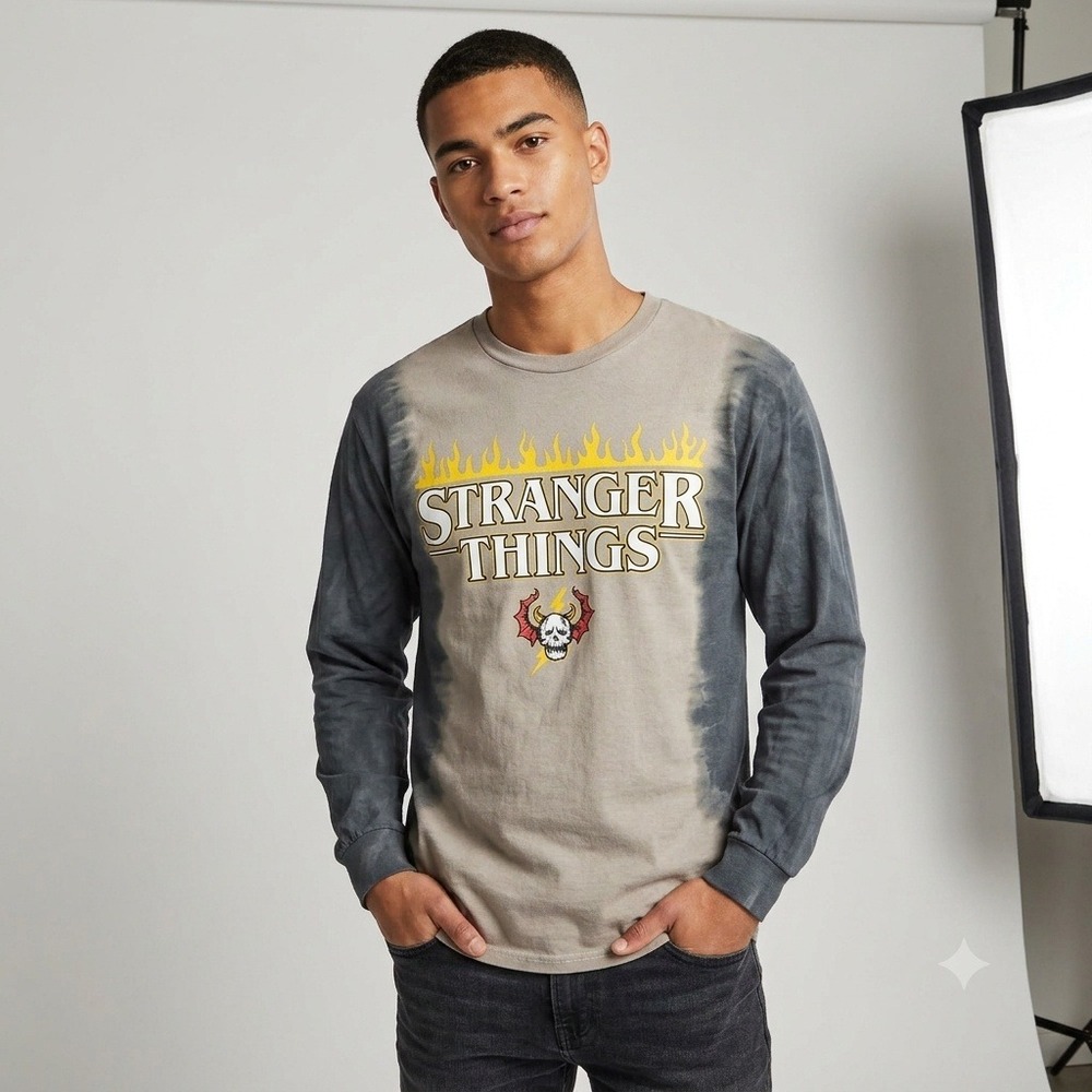 Stranger Things Long Sleeve T-Shirt Men Size Medium Grey Tan Tie Dye Graphic